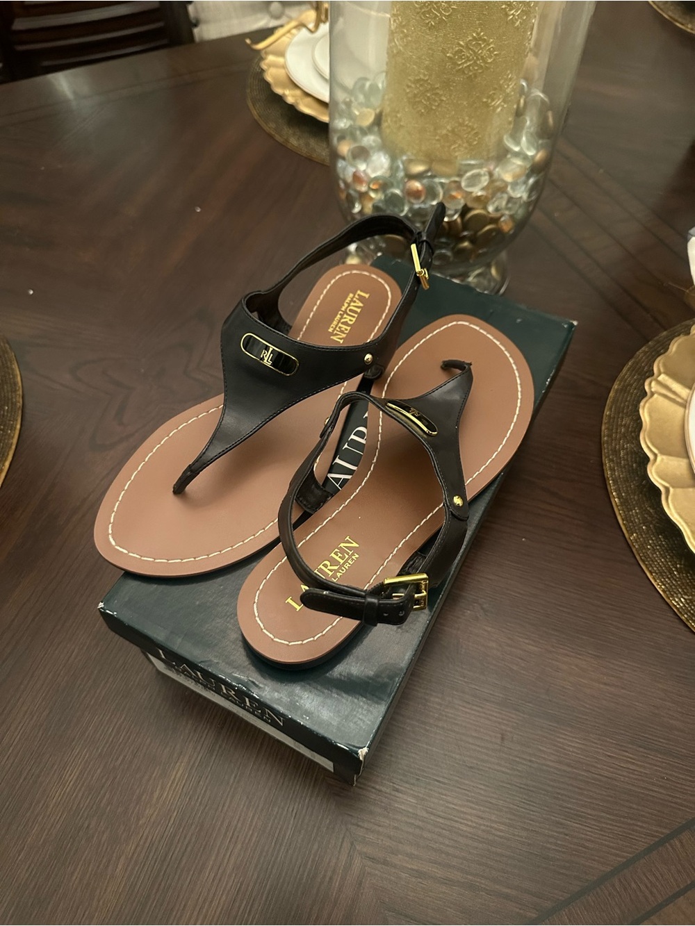 Brand New Size 8 Ralph Lauren Black Leather T-Strap Sandals with Gold Buckle